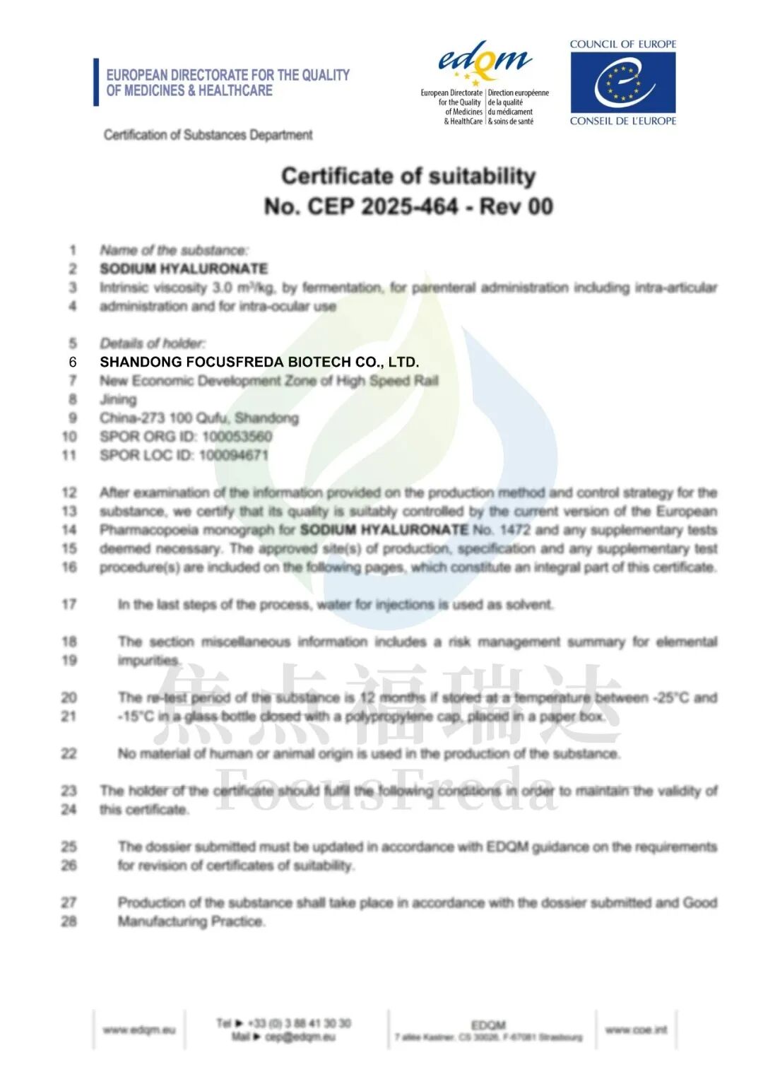Focusfreda Obtains EU CEP Certificate for Injectable-Grade Sodium Hyaluronate API